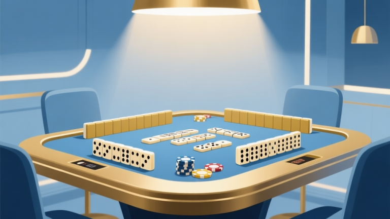自动生成图片: Professional domino game setup with high-value chips, elegant lighting, modern minimalist design, soft blue and gold color scheme high quality illustration, detailed, 16:9