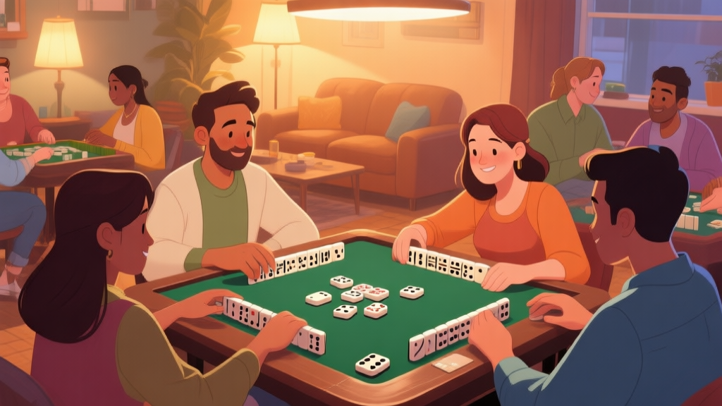 A group of diverse people playing dominoes in a cozy, well-lit room with comfortable seating, warm lighting, and domino tiles on the table, casual social atmosphere high quality illustration, detailed, 16:9