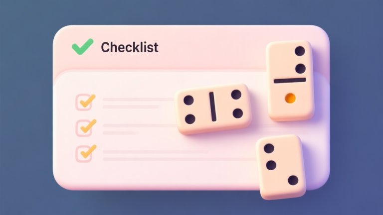 自动生成图片: Simple checklist interface with domino pieces as visual elements, soft pastel color palette, clean layout high quality illustration, detailed, 16:9