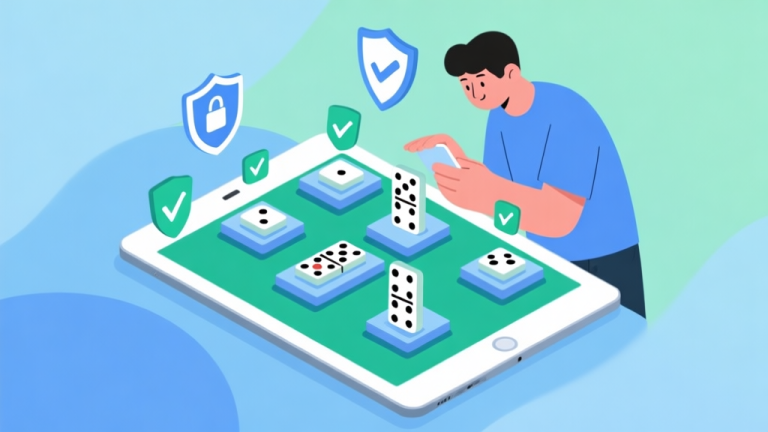 自动生成图片: Illustration of a person carefully examining multiple domino platforms on a tablet, with security icons like shields and checkmarks floating around, soft blue and green color scheme high quality illustration, detailed, 16:9