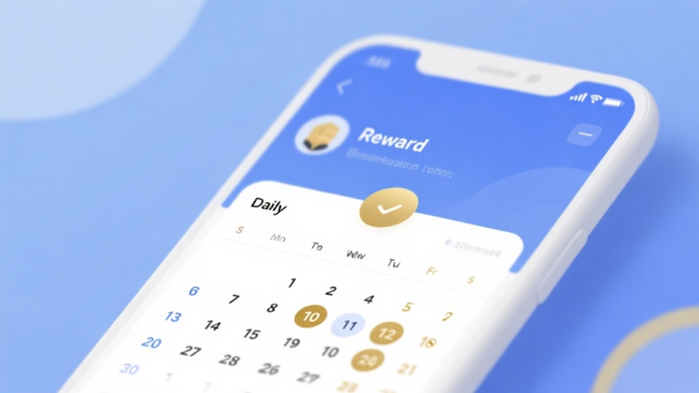 自动生成图片: Modern mobile interface showing daily reward calendar with marked dates, soft blue and gold color scheme, clean minimalist design high quality illustration, detailed, 16:9