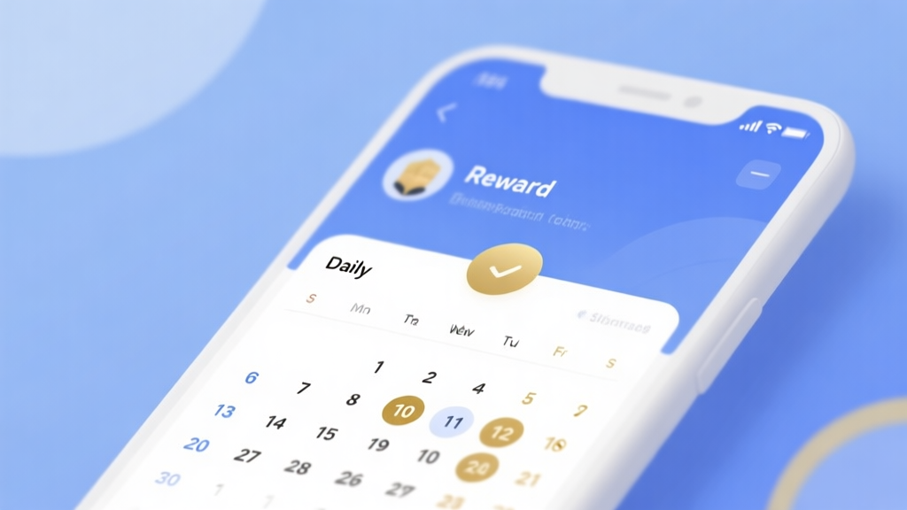 Modern mobile interface showing daily reward calendar with marked dates, soft blue and gold color scheme, clean minimalist design high quality illustration, detailed, 16:9