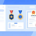自动生成图片: Professional certification badges and licenses displayed on a clean digital interface, soft blue and white color scheme, minimalist design high quality illustration, detailed, 16:9