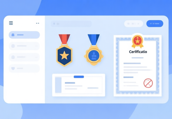 自动生成图片: Professional certification badges and licenses displayed on a clean digital interface, soft blue and white color scheme, minimalist design high quality illustration, detailed, 16:9