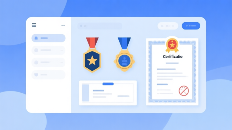 自动生成图片: Professional certification badges and licenses displayed on a clean digital interface, soft blue and white color scheme, minimalist design high quality illustration, detailed, 16:9