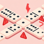 自动生成图片: Illustration of domino pieces arranged in a problematic pattern, with red warning symbols highlighting common mistakes, soft pastel color scheme high quality illustration, detailed, 16:9
