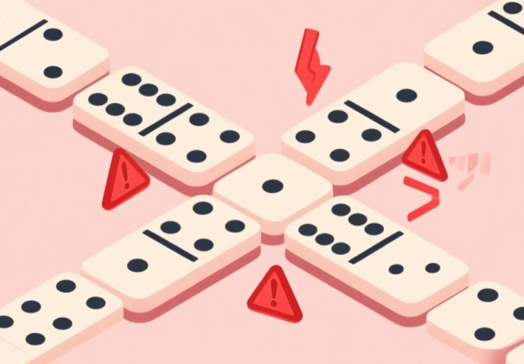 自动生成图片: Illustration of domino pieces arranged in a problematic pattern, with red warning symbols highlighting common mistakes, soft pastel color scheme high quality illustration, detailed, 16:9