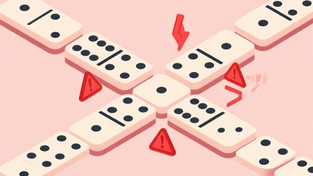 Illustration of domino pieces arranged in a problematic pattern, with red warning symbols highlighting common mistakes, soft pastel color scheme high quality illustration, detailed, 16:9