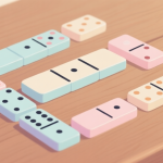 自动生成图片: Simple domino tile arrangement showing basic patterns, soft pastel colors, clean layout on wooden surface high quality illustration, detailed, 16:9