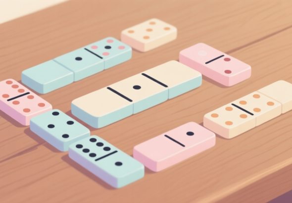 自动生成图片: Simple domino tile arrangement showing basic patterns, soft pastel colors, clean layout on wooden surface high quality illustration, detailed, 16:9