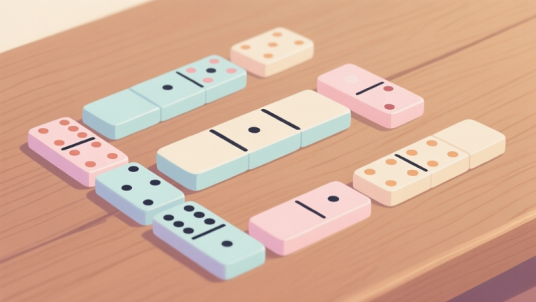 自动生成图片: Simple domino tile arrangement showing basic patterns, soft pastel colors, clean layout on wooden surface high quality illustration, detailed, 16:9