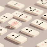 自动生成图片: Illustration of domino pieces arranged in a psychological pattern, with subtle facial expressions emerging from the arrangement, soft neutral color palette high quality illustration, detailed, 16:9