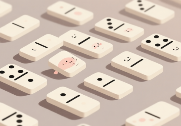 自动生成图片: Illustration of domino pieces arranged in a psychological pattern, with subtle facial expressions emerging from the arrangement, soft neutral color palette high quality illustration, detailed, 16:9