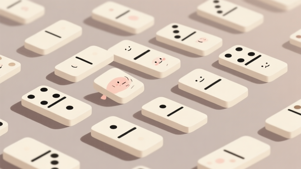 Illustration of domino pieces arranged in a psychological pattern, with subtle facial expressions emerging from the arrangement, soft neutral color palette high quality illustration, detailed, 16:9