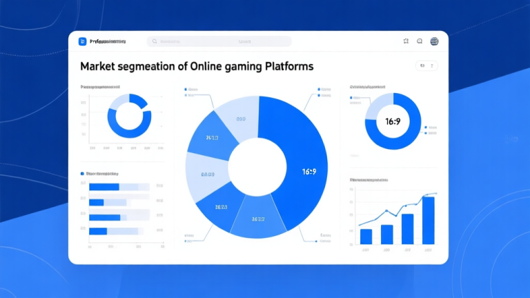 自动生成图片: Professional business infographic showing market segmentation of online gaming platforms, with clean charts and data visualization in blue and white color scheme high quality illustration, detailed, 16:9