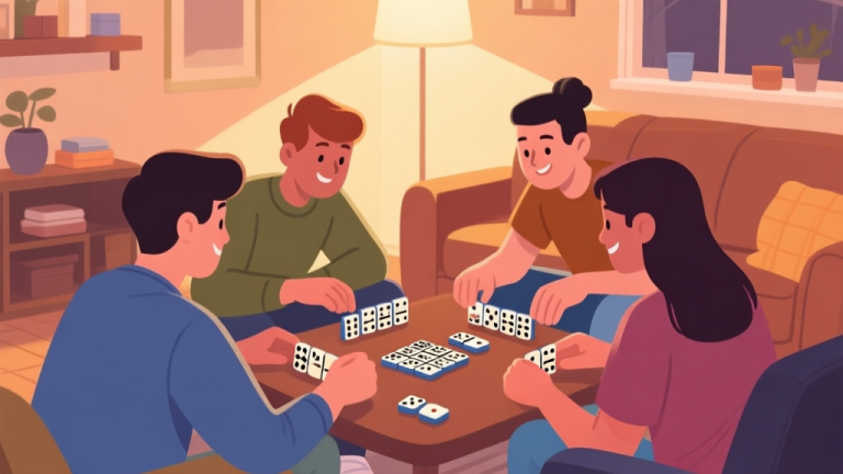 自动生成图片: Group of friends playing domino tiles together in a cozy living room setting, warm lighting, casual atmosphere, flat illustration style high quality illustration, detailed, 16:9