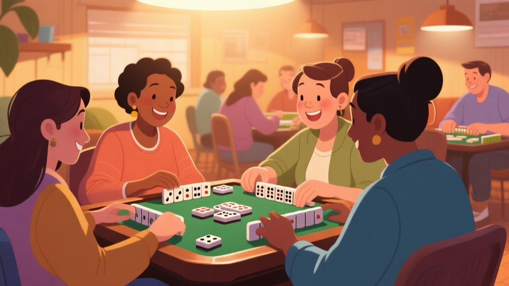 Group of diverse people playing dominoes together in a cozy community setting, warm lighting, casual atmosphere, showing social interaction and enjoyment high quality illustration, detailed, 16:9