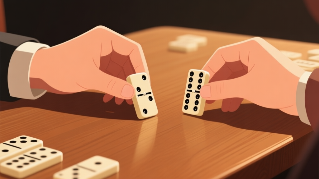 Two hands holding domino tiles on a wooden table, strategic game setup with focused lighting, minimalist composition with warm tones high quality illustration, detailed, 16:9