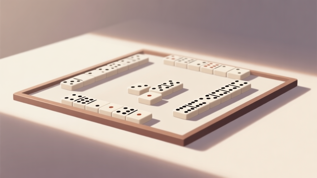 Professional domino game setup with neatly arranged tiles, soft lighting, clean background, minimalist style with muted colors high quality illustration, detailed, 16:9
