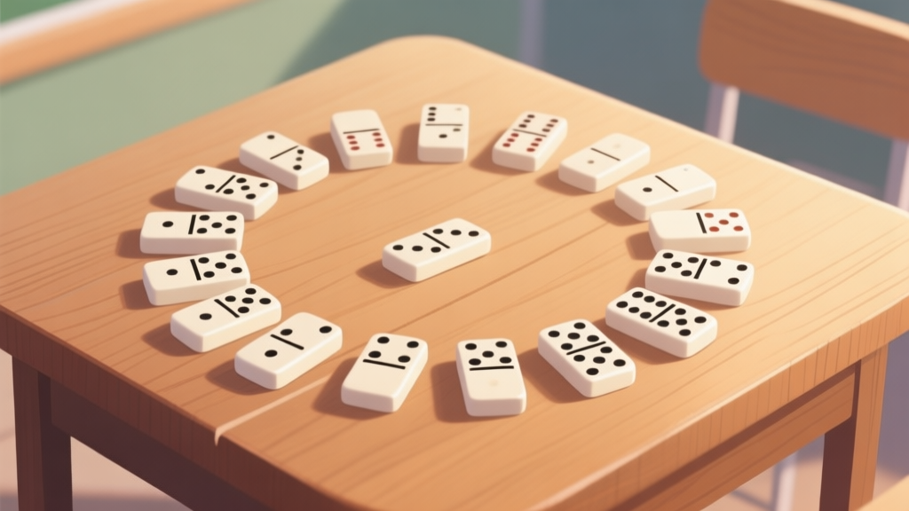 Set of domino tiles arranged in a circle on a wooden table, soft natural lighting, educational illustration style high quality illustration, detailed, 16:9