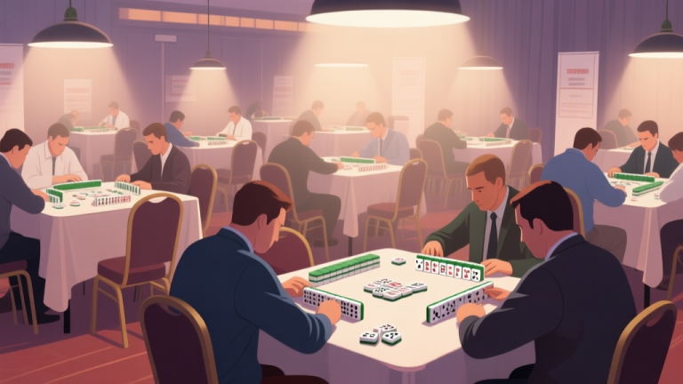自动生成图片: Professional domino tournament setup with multiple tables, players concentrating on their tiles, soft lighting, organized competition environment high quality illustration, detailed, 16:9