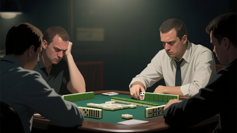 自动生成图片: Professional domino tournament scene with focused players at table, tense atmosphere, subtle sweat on forehead, dim lighting, realistic style high quality illustration, detailed, 16:9