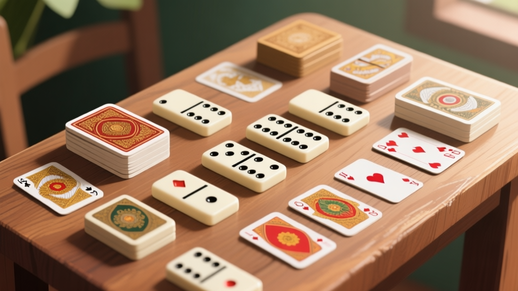 Collection of various Indonesian domino card sets arranged neatly on wooden table, showing different designs and materials, natural lighting high quality illustration, detailed, 16:9