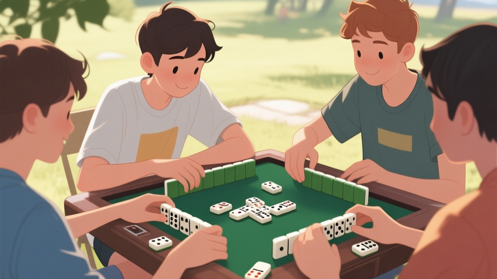 Young person playing dominoes with friends at casual outdoor setting, natural lighting, relaxed atmosphere high quality illustration, detailed, 16:9