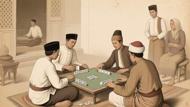 自动生成图片: Historical illustration of Dutch colonial era in Indonesia, showing people playing domino games in a traditional setting, muted sepia tones, vintage paper texture high quality illustration, detailed, 16:9
