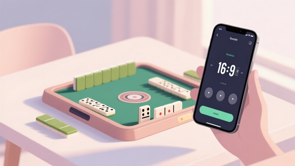 Modern domino game setup with digital scoring app on smartphone, soft natural lighting, minimalist composition, pastel color palette high quality illustration, detailed, 16:9
