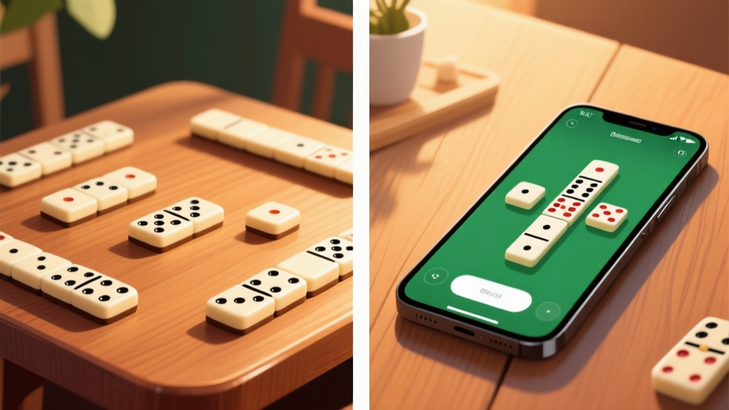 Split composition showing traditional domino pieces on wooden table next to modern smartphone with digital domino interface, warm natural lighting high quality illustration, detailed, 16:9