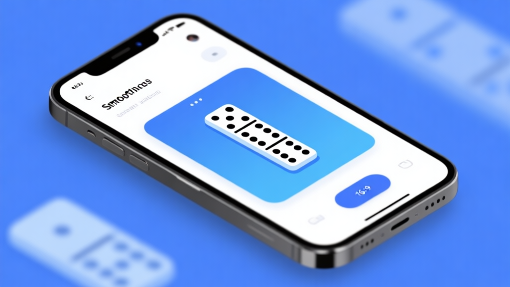 Modern smartphone with domino game interface displayed, showing smooth animation and clear graphics, minimalist design with blue and white color scheme high quality illustration, detailed, 16:9