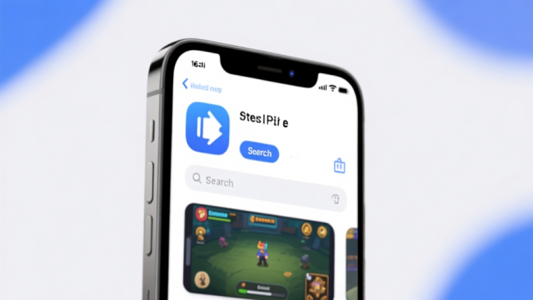 自动生成图片: Modern iPhone displaying app store interface with search functionality, clean white background with subtle blue accents, professional mobile gaming setup high quality illustration, detailed, 16:9