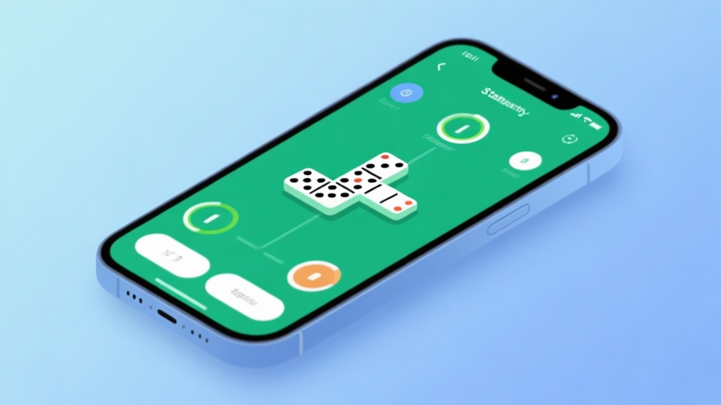 Modern smartphone showing domino game interface with connection stability indicators, soft blue and green color scheme, clean minimalist design high quality illustration, detailed, 16:9