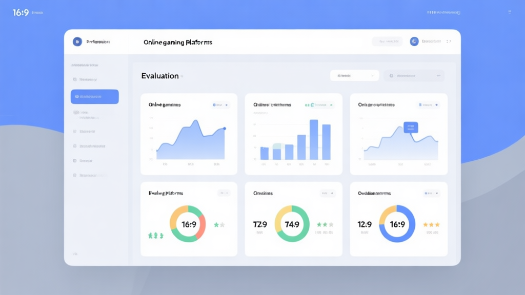 Professional comparison dashboard showing six evaluation criteria for online gaming platforms, with clean metrics and ratings, soft blue and gray color scheme high quality illustration, detailed, 16:9