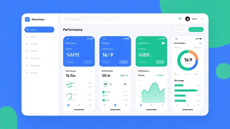 自动生成图片: Comparison dashboard showing five mobile apps with different performance metrics, clean minimalist design with blue and green color scheme, performance indicators and storage usage visualized high quality illustration, detailed, 16:9