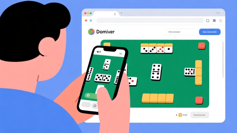 自动生成图片: Illustration of a person using smartphone to play domino game on browser, clean interface with domino tiles visible, simple and modern design high quality illustration, detailed, 16:9