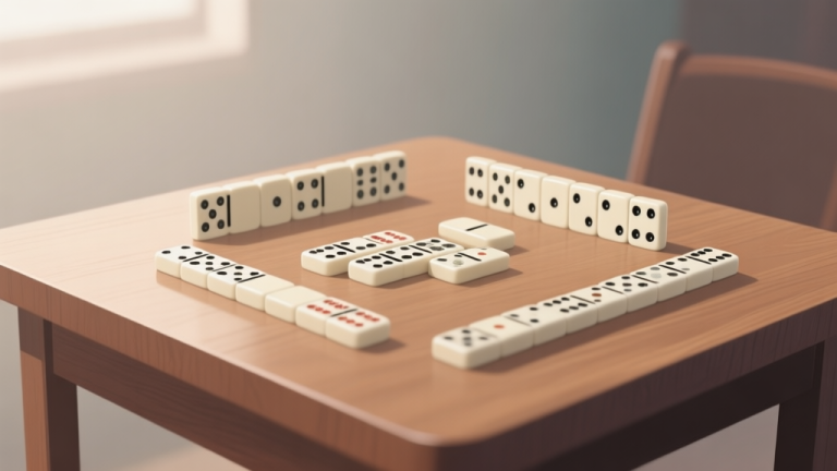 自动生成图片: Professional domino game setup with neatly arranged tiles on a wooden table, soft lighting, clean composition, muted color palette high quality illustration, detailed, 16:9