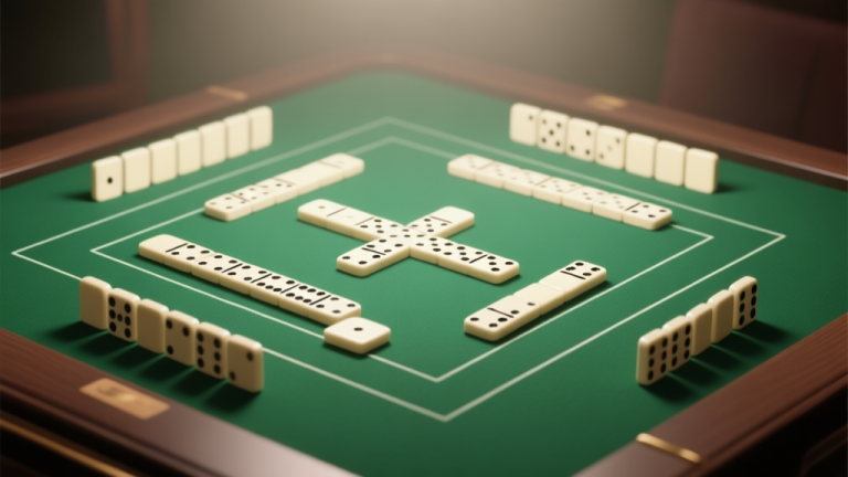 自动生成图片: Professional domino game setup with strategic layout, soft lighting on green felt table, domino tiles arranged in clear patterns, minimalist design with focus on game pieces high quality illustration, detailed, 16:9