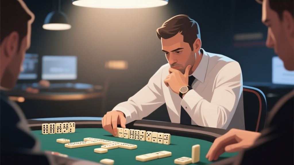 Professional domino player analyzing game strategy, focused expression, strategic thinking atmosphere, soft lighting, professional gaming setup high quality illustration, detailed, 16:9