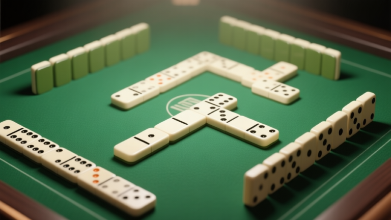 自动生成图片: Professional domino game setup with high-quality tiles arranged in strategic patterns, soft lighting on green felt surface, minimalist composition high quality illustration, detailed, 16:9