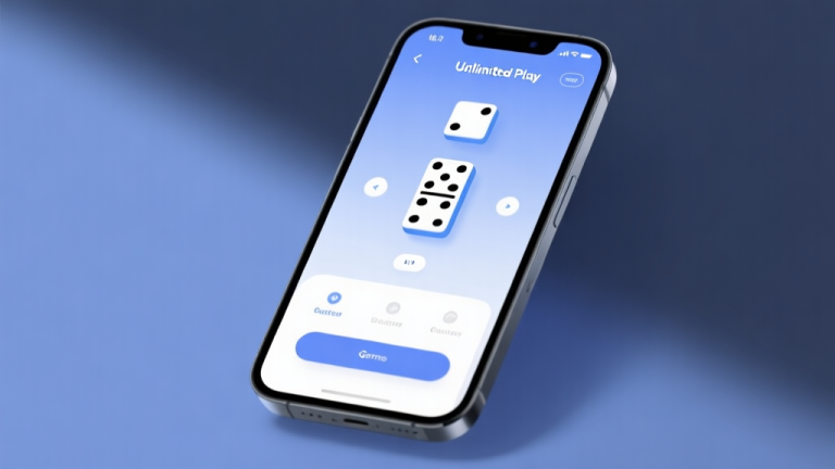 自动生成图片: Modern domino game interface on mobile phone screen, showing unlimited play mode with clear indicators, soft blue and white color scheme, minimalist design high quality illustration, detailed, 16:9