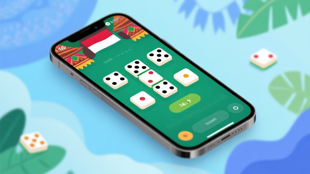 Modern domino game interface on mobile device showing digital tiles, Indonesian cultural elements in background, soft blue and green color scheme high quality illustration, detailed, 16:9