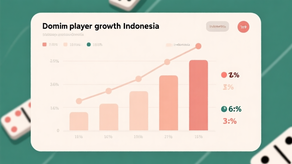 Statistical infographic showing domino player growth in Indonesia, with bar charts and percentage indicators, clean minimalist design with soft colors high quality illustration, detailed, 16:9
