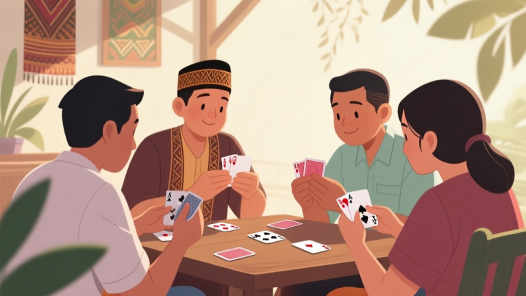 自动生成图片: A group of people playing cards in a casual setting, with Indonesian cultural elements in the background, soft lighting and natural colors high quality illustration, detailed, 16:9