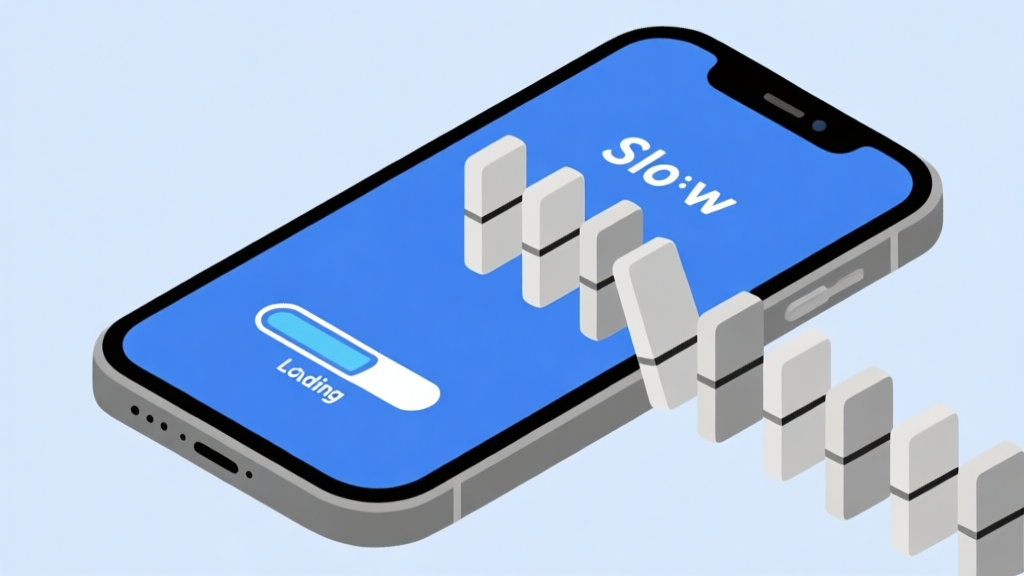 Illustration of a smartphone showing slow loading screen with domino pieces stuck in loading animation, simple flat design with blue and gray color scheme high quality illustration, detailed, 16:9