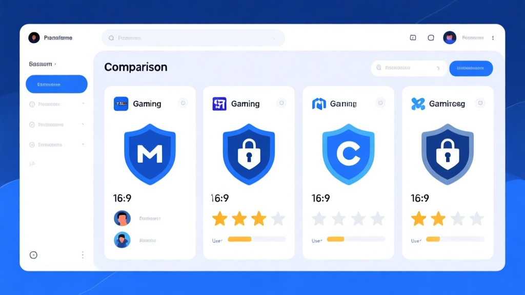 Professional comparison dashboard showing four different gaming platforms with security badges and user ratings, clean modern interface with blue and white color scheme high quality illustration, detailed, 16:9