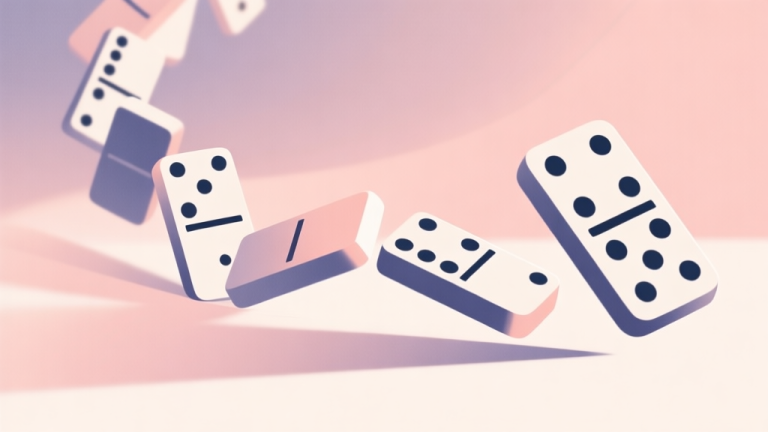 自动生成图片: Abstract illustration of domino pieces falling in a chain reaction, soft pastel color scheme, minimalist design with clean lines high quality illustration, detailed, 16:9