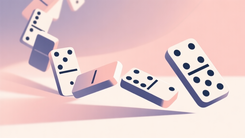 Abstract illustration of domino pieces falling in a chain reaction, soft pastel color scheme, minimalist design with clean lines high quality illustration, detailed, 16:9