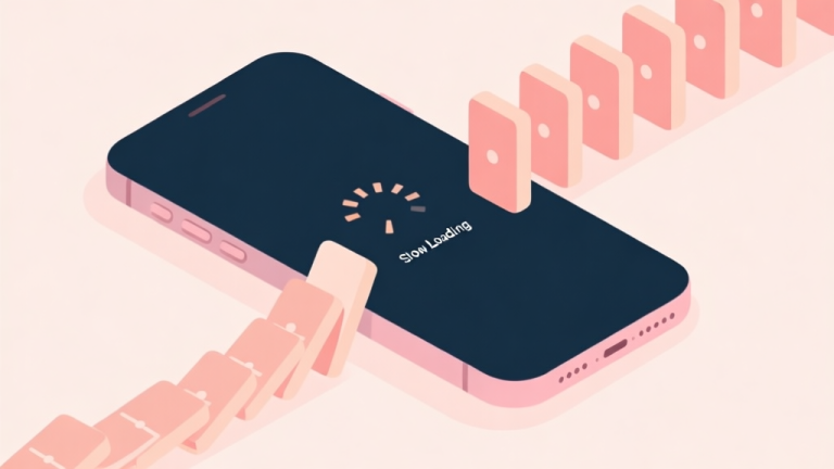 自动生成图片: Illustration of a smartphone showing slow loading animation with domino pieces in the background, soft pastel colors, minimalist design high quality illustration, detailed, 16:9